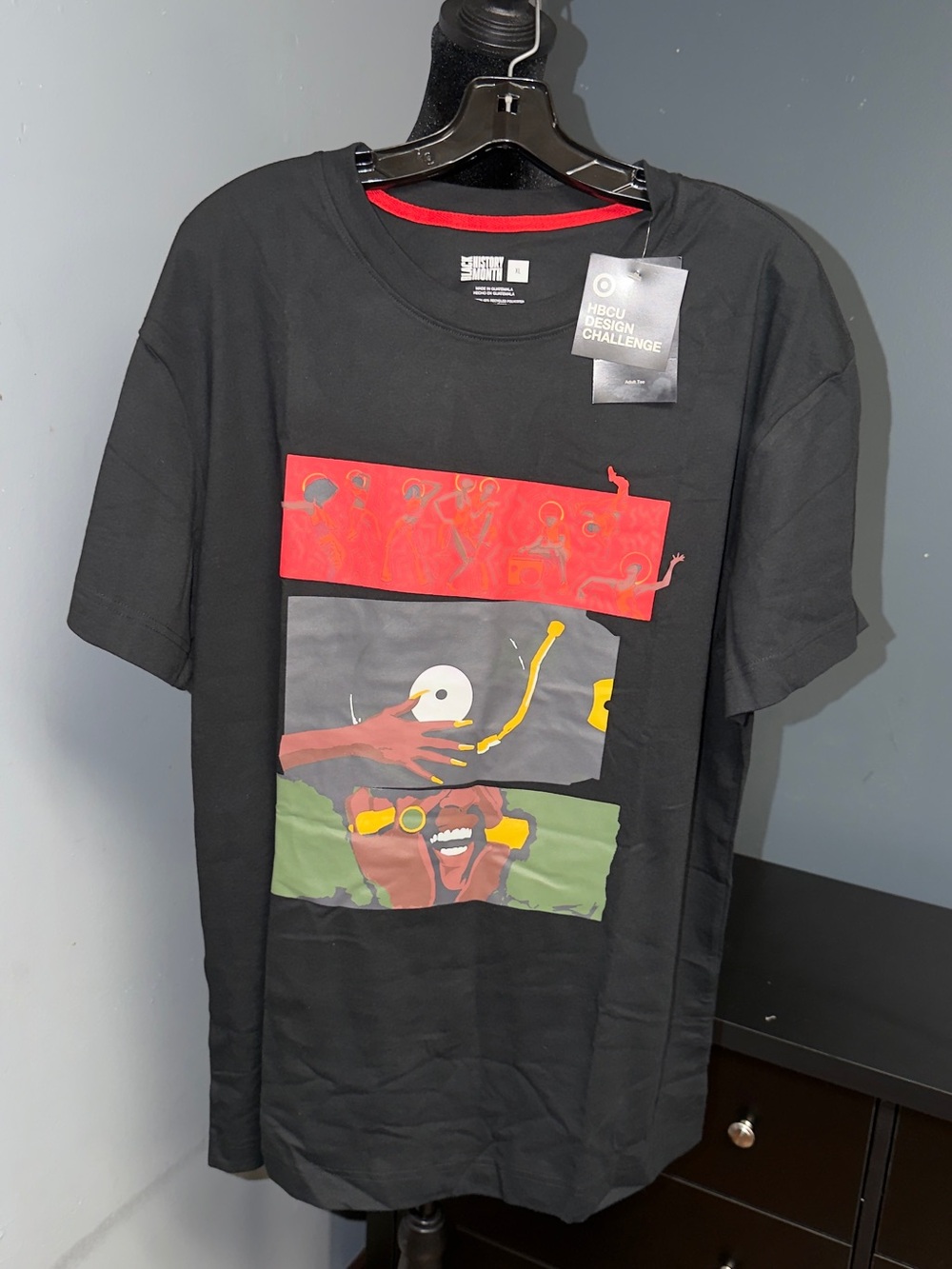 Target Black Short-Sleeve Graphic Tee with Red, Gray, Green and Yellow Panels